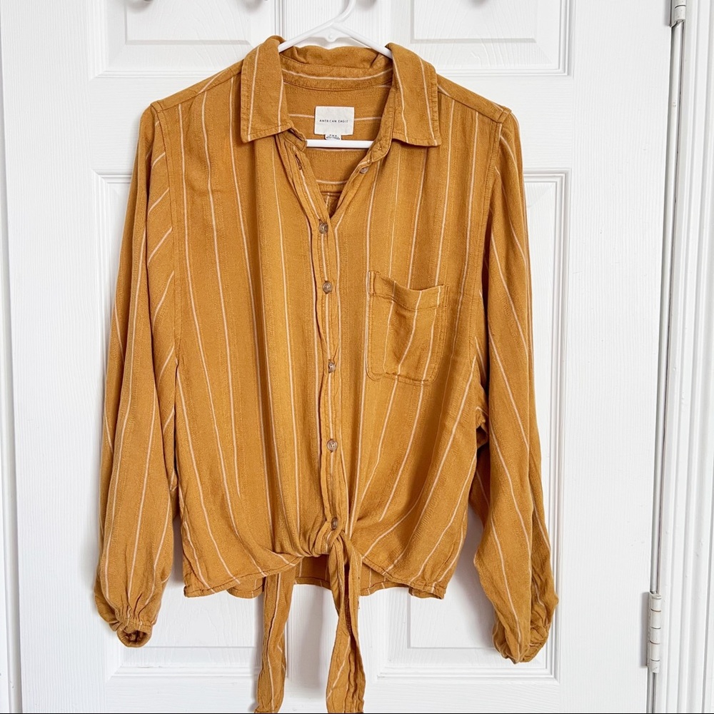 American Eagle | Mustard Button Down Tie Front Top